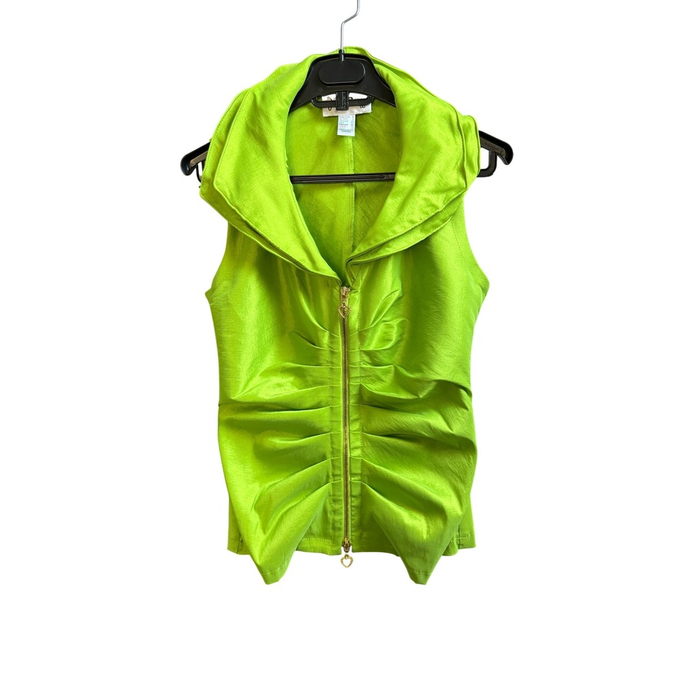 Joseph Ribkoff Sleeveless Ruched Zip Front Top Lime Green 4 Neon Avant Garde